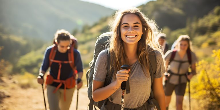 sanatatea mintala, femeie zambitoare care practica drumetii cu prienteni | Neuroaxis